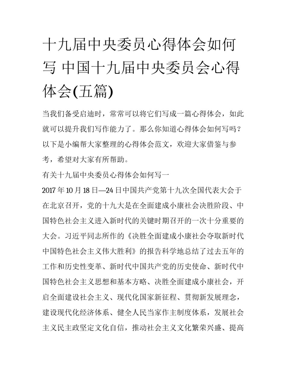 十九届中央委员心得体会如何写 中国十九届中央委员会心得体会(五篇)_第1页