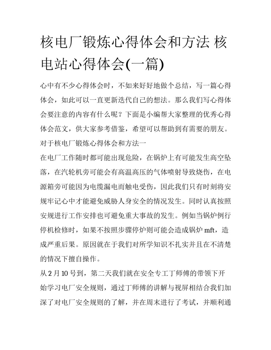 核电厂锻炼心得体会和方法 核电站心得体会(一篇)_第1页