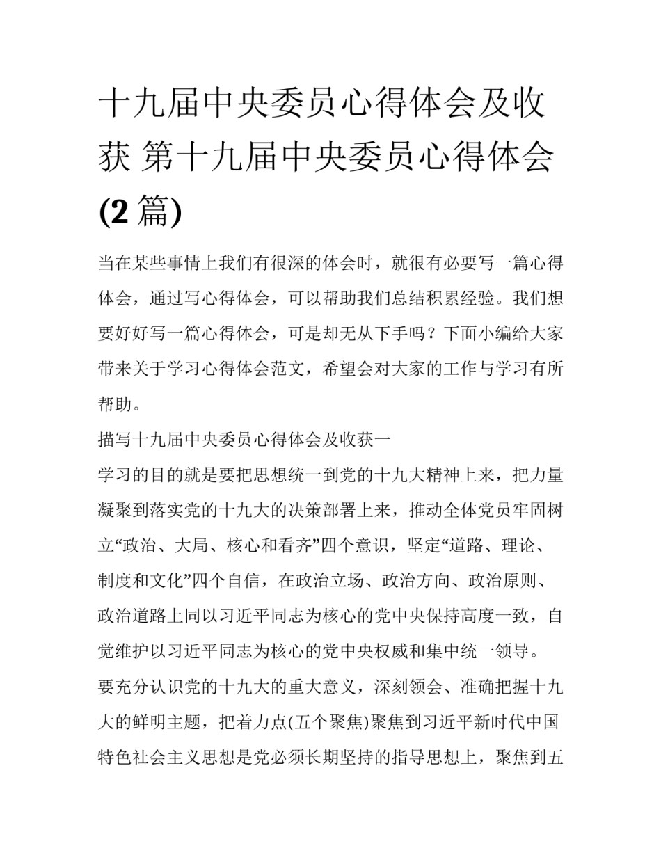 十九届中央委员心得体会及收获 第十九届中央委员心得体会(2篇)_第1页