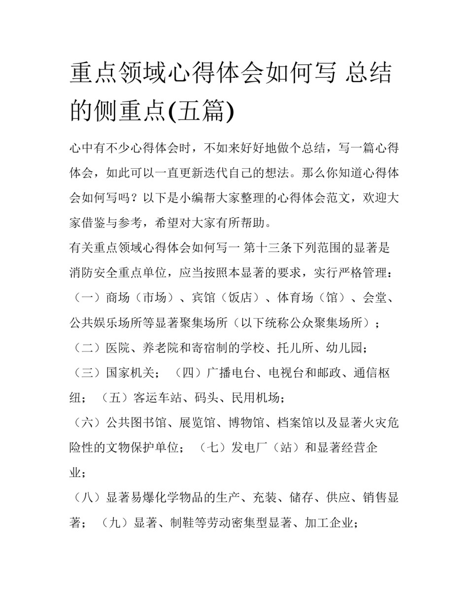 重点领域心得体会如何写 总结的侧重点(五篇)_第1页