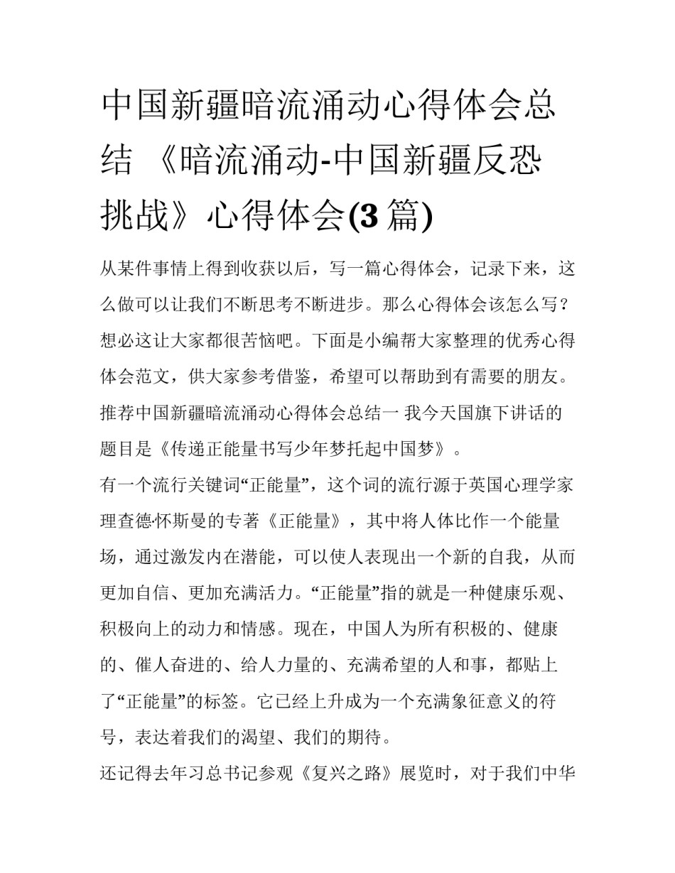 中国新疆暗流涌动心得体会总结 《暗流涌动-中国新疆反恐挑战》心得体会(3篇)_第1页