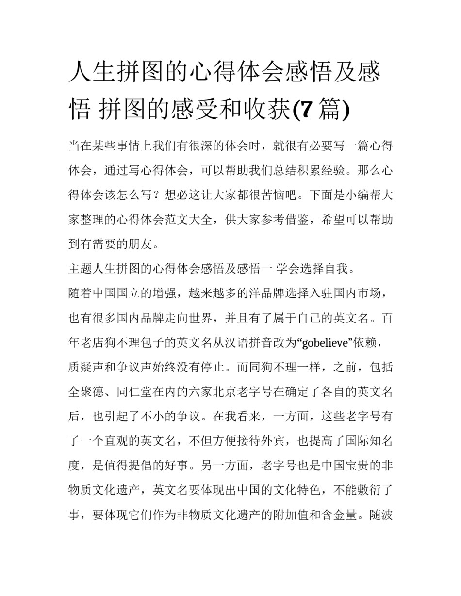 人生拼图的心得体会感悟及感悟 拼图的感受和收获(7篇)_第1页