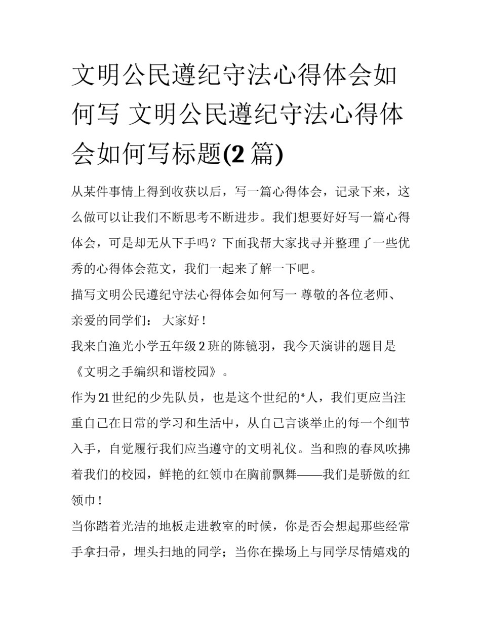 文明公民遵纪守法心得体会如何写 文明公民遵纪守法心得体会如何写标题(2篇)_第1页