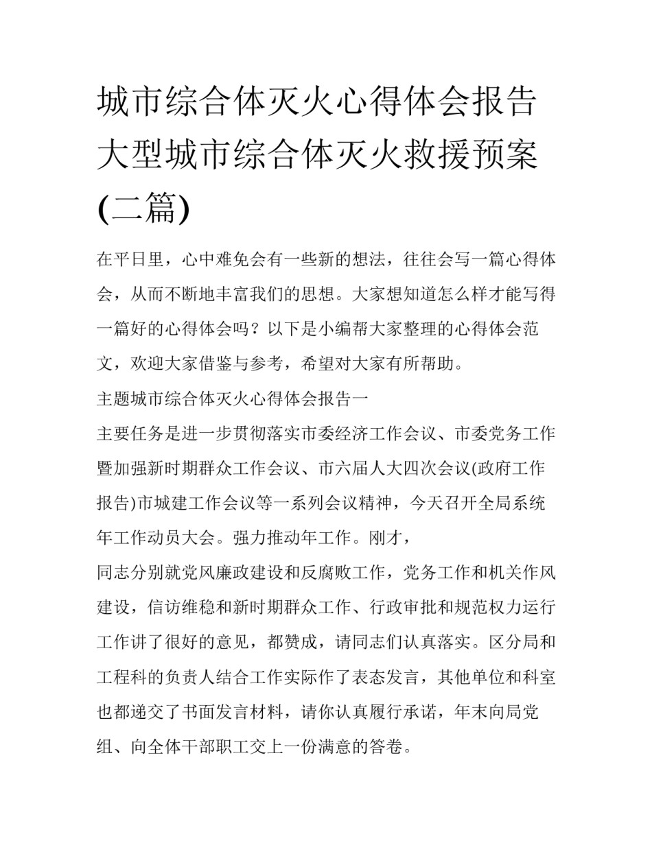 城市综合体灭火心得体会报告 大型城市综合体灭火救援预案(二篇)_第1页