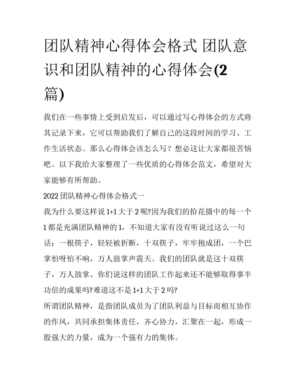 团队精神心得体会格式 团队意识和团队精神的心得体会(2篇)_第1页