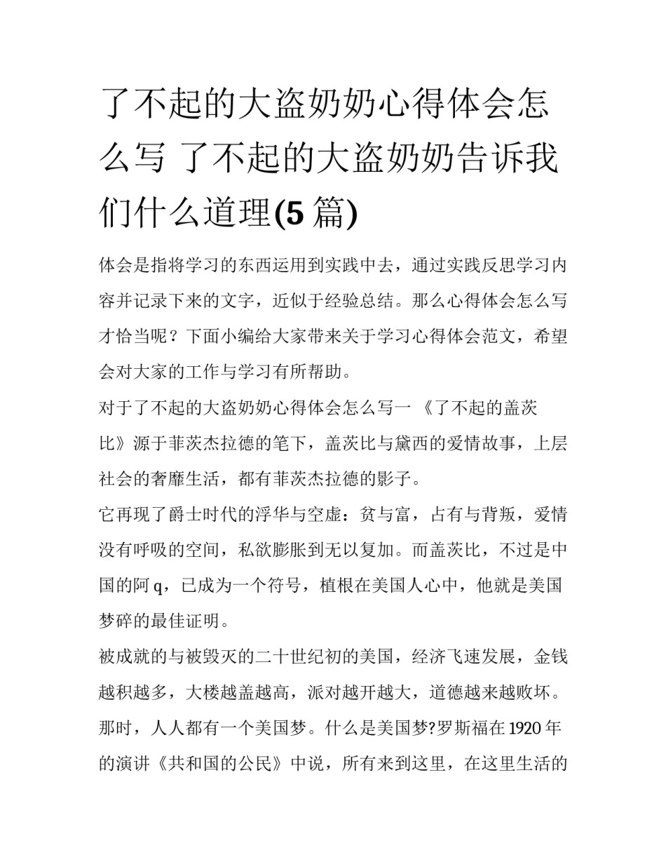 了不起的大盗奶奶心得体会怎么写 了不起的大盗奶奶告诉我们什么道理(5篇)_第1页