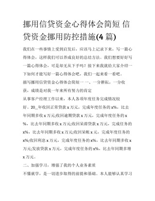 挪用信贷资金心得体会简短 信贷资金挪用防控措施(4篇)