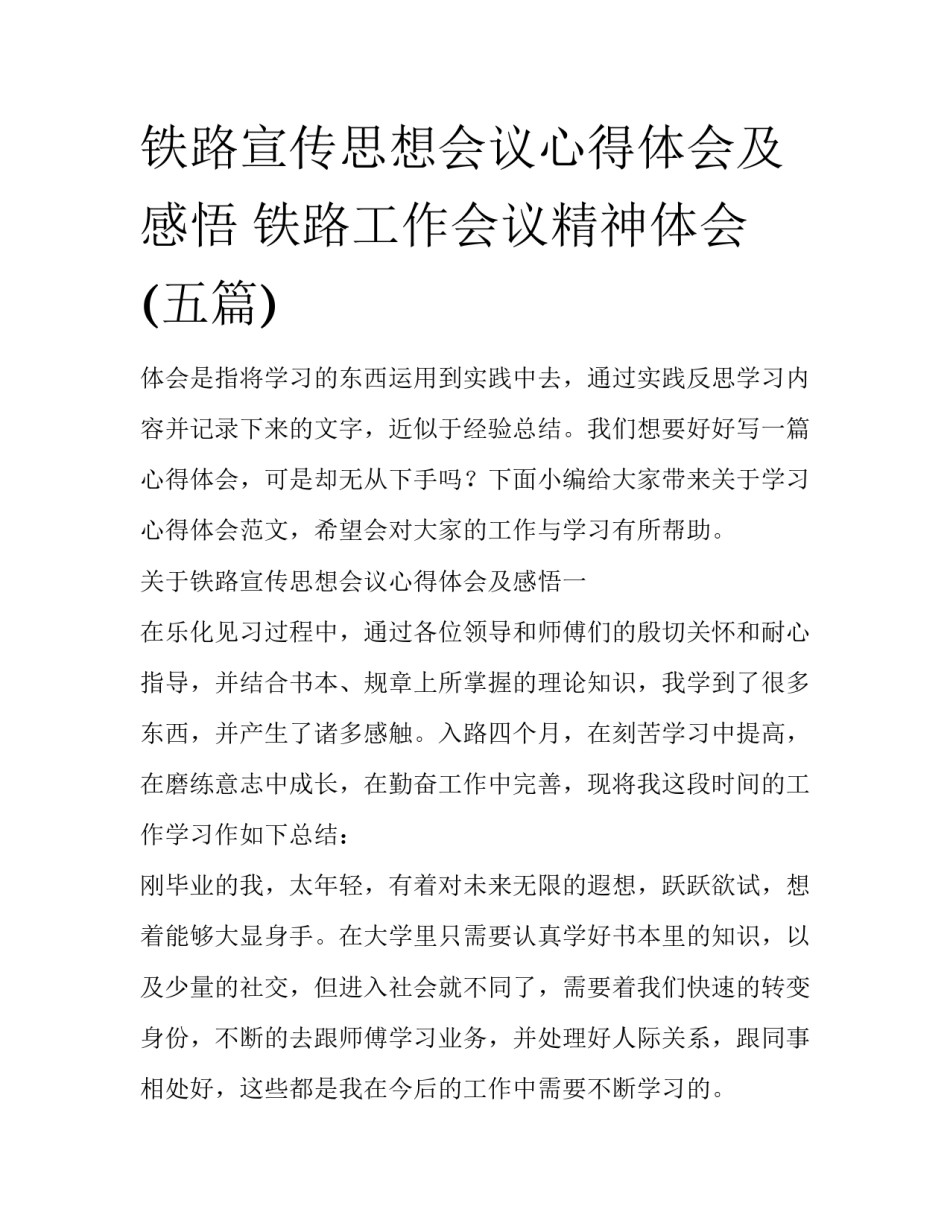 铁路宣传思想会议心得体会及感悟 铁路工作会议精神体会(五篇)_第1页