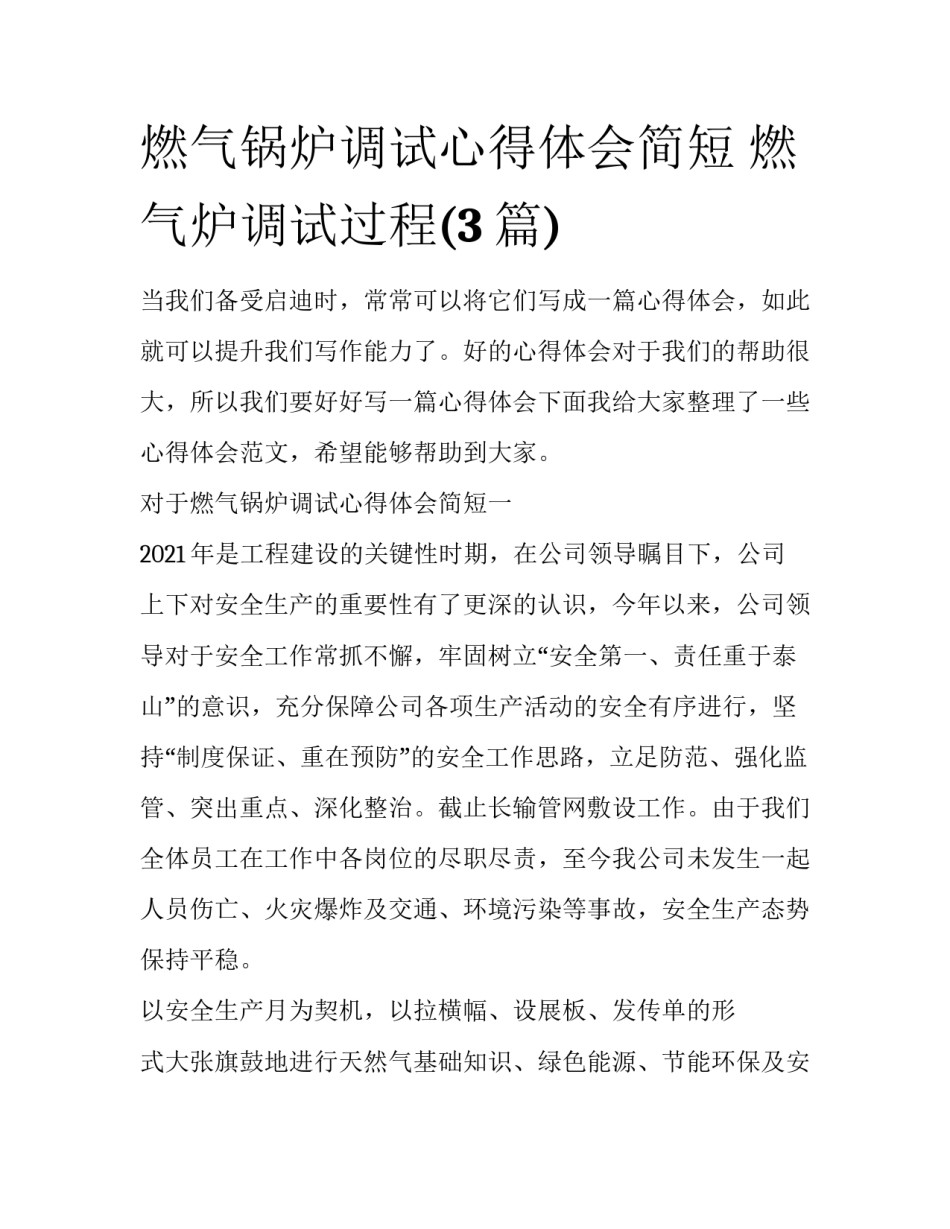燃气锅炉调试心得体会简短 燃气炉调试过程(3篇)_第1页