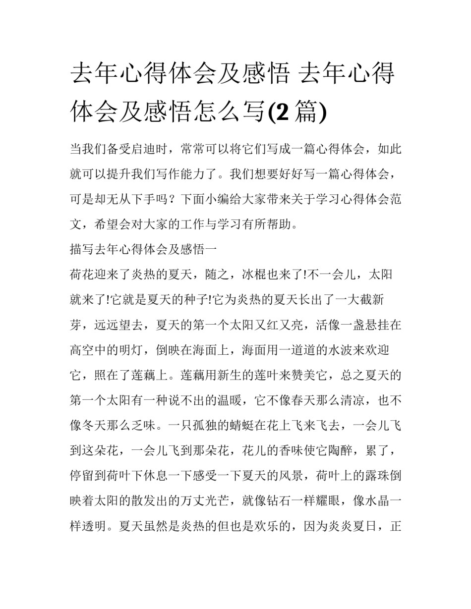 去年心得体会及感悟 去年心得体会及感悟怎么写(2篇)_第1页