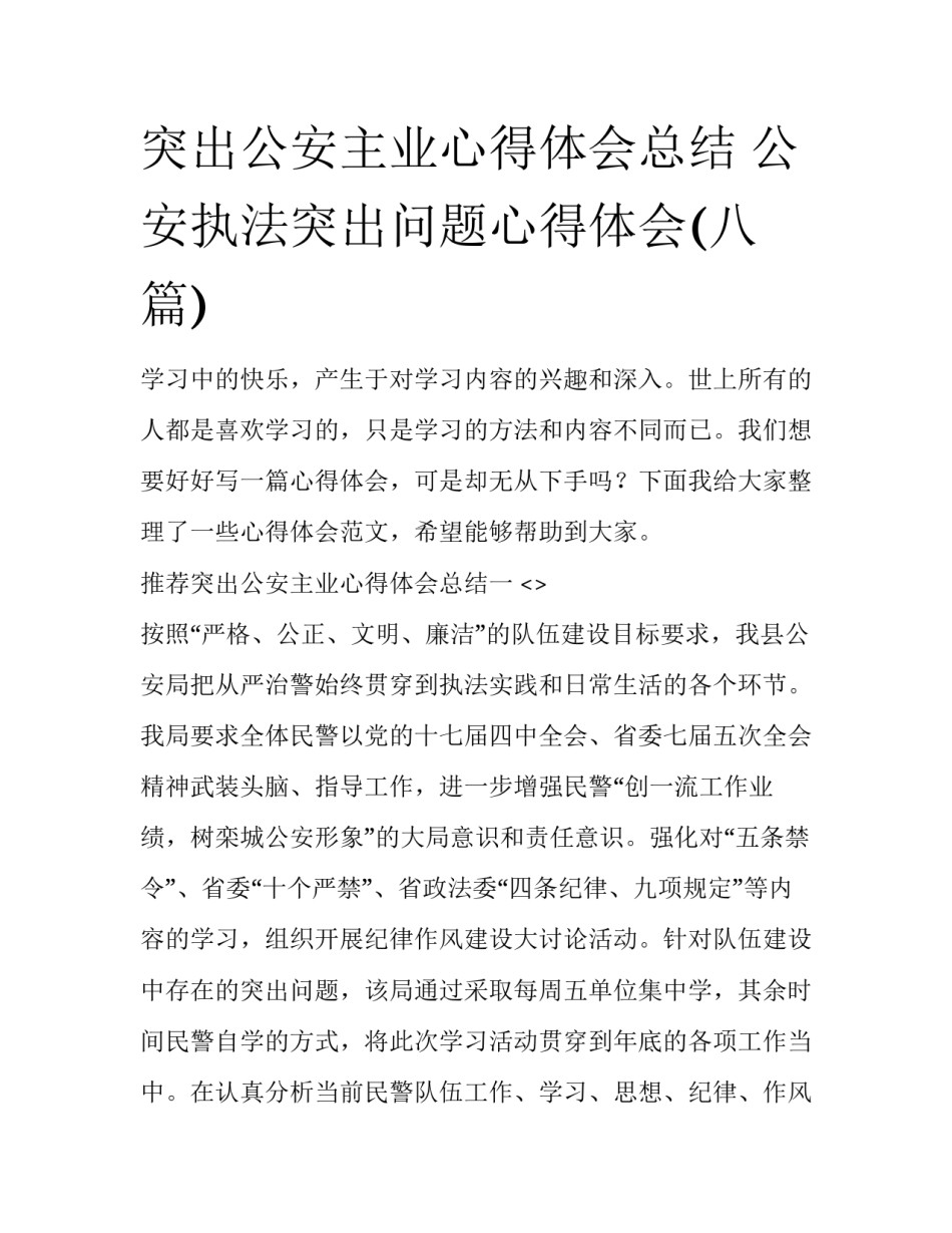 突出公安主业心得体会总结 公安执法突出问题心得体会(八篇)_第1页
