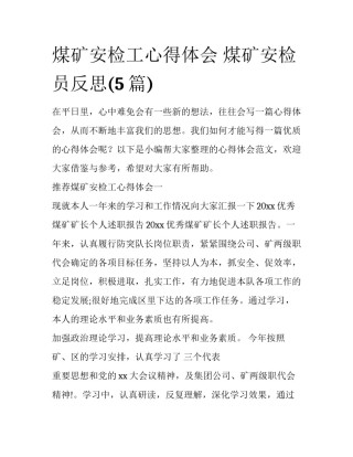煤矿安检工心得体会 煤矿安检员反思(5篇)