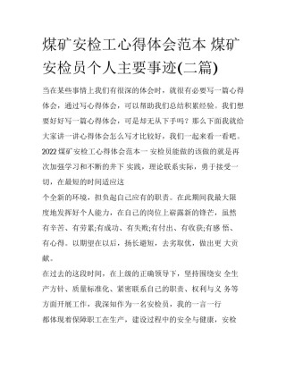 煤矿安检工心得体会范本 煤矿安检员个人主要事迹(二篇)