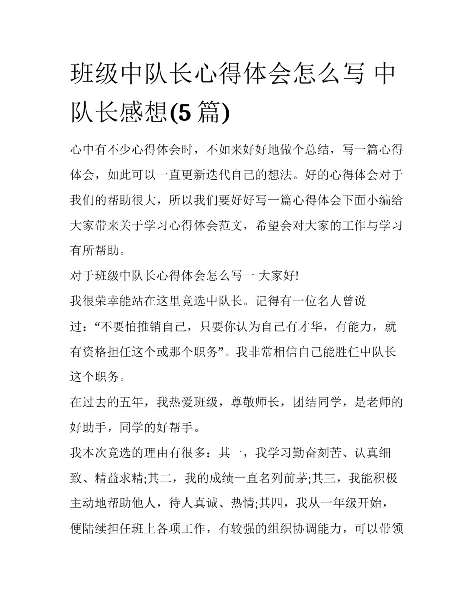 班级中队长心得体会怎么写 中队长感想(5篇)_第1页