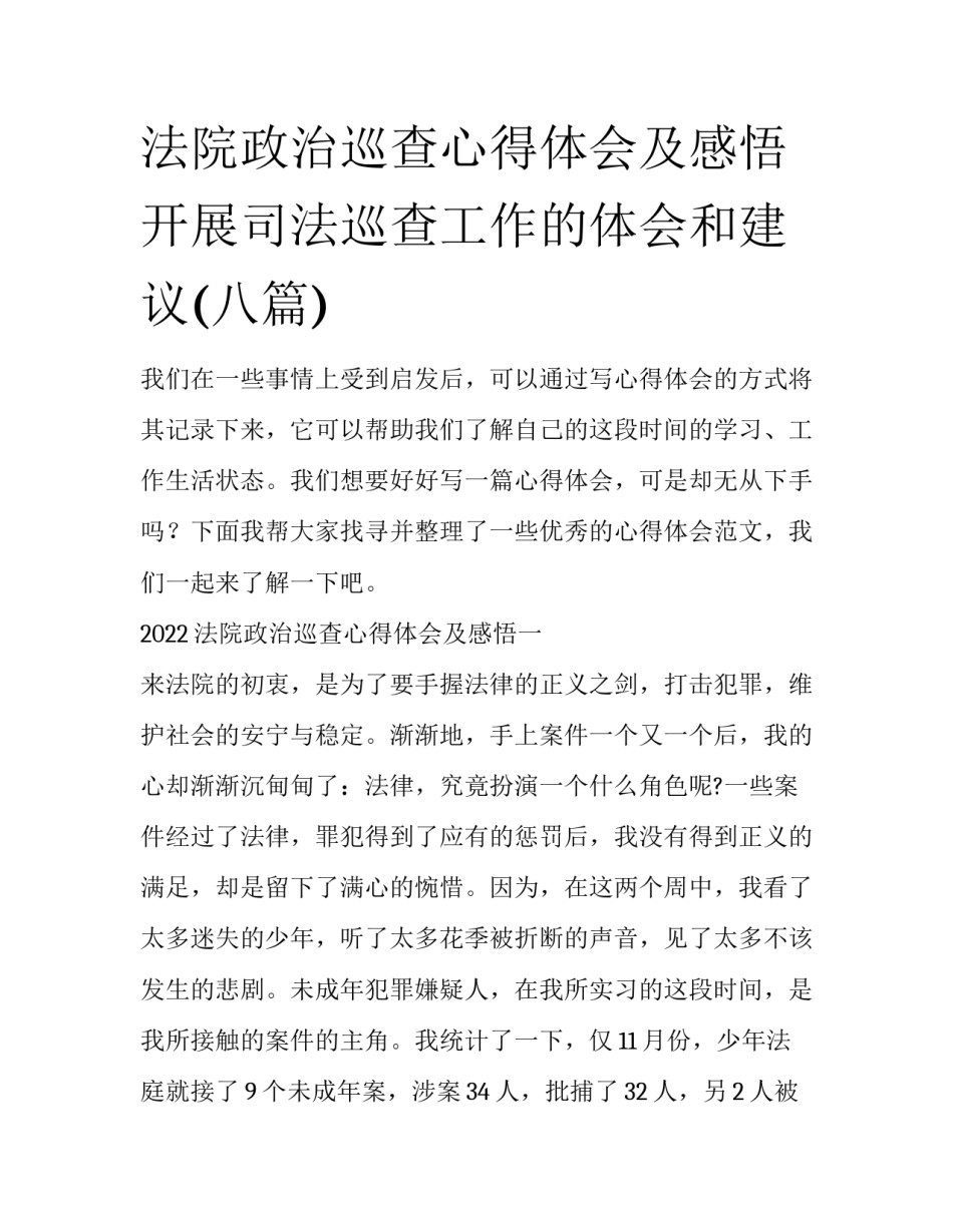 法院政治巡查心得体会及感悟 开展司法巡查工作的体会和建议(八篇)_第1页