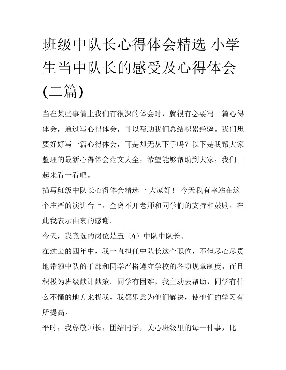 班级中队长心得体会精选 小学生当中队长的感受及心得体会(二篇)_第1页