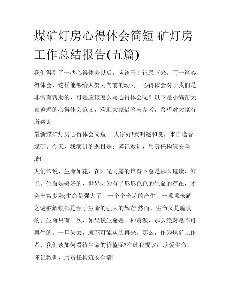 煤矿灯房心得体会简短 矿灯房工作总结报告(五篇)_第1页