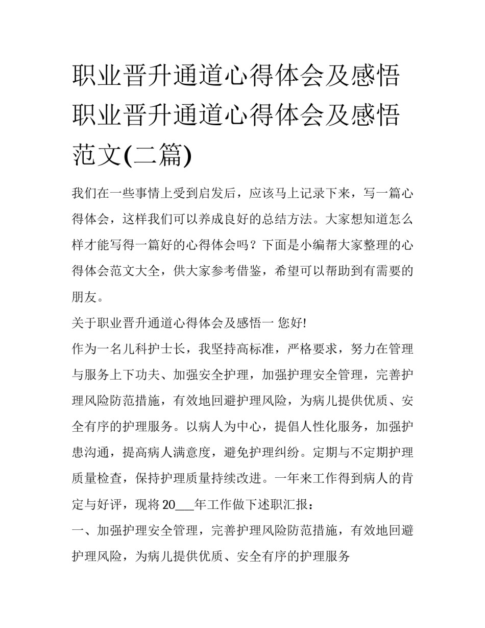 职业晋升通道心得体会及感悟 职业晋升通道心得体会及感悟范文(二篇)_第1页