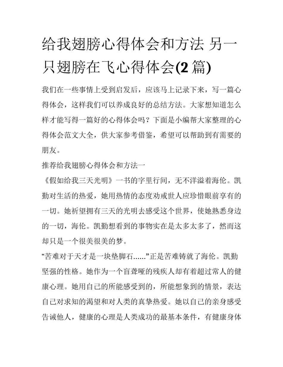 给我翅膀心得体会和方法 另一只翅膀在飞心得体会(2篇)_第1页