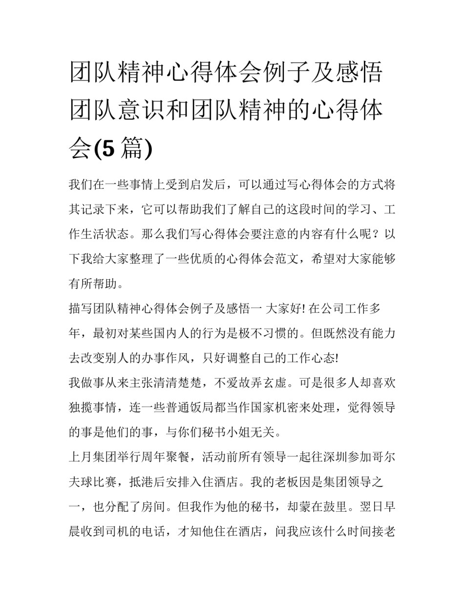 团队精神心得体会例子及感悟 团队意识和团队精神的心得体会(5篇)_第1页