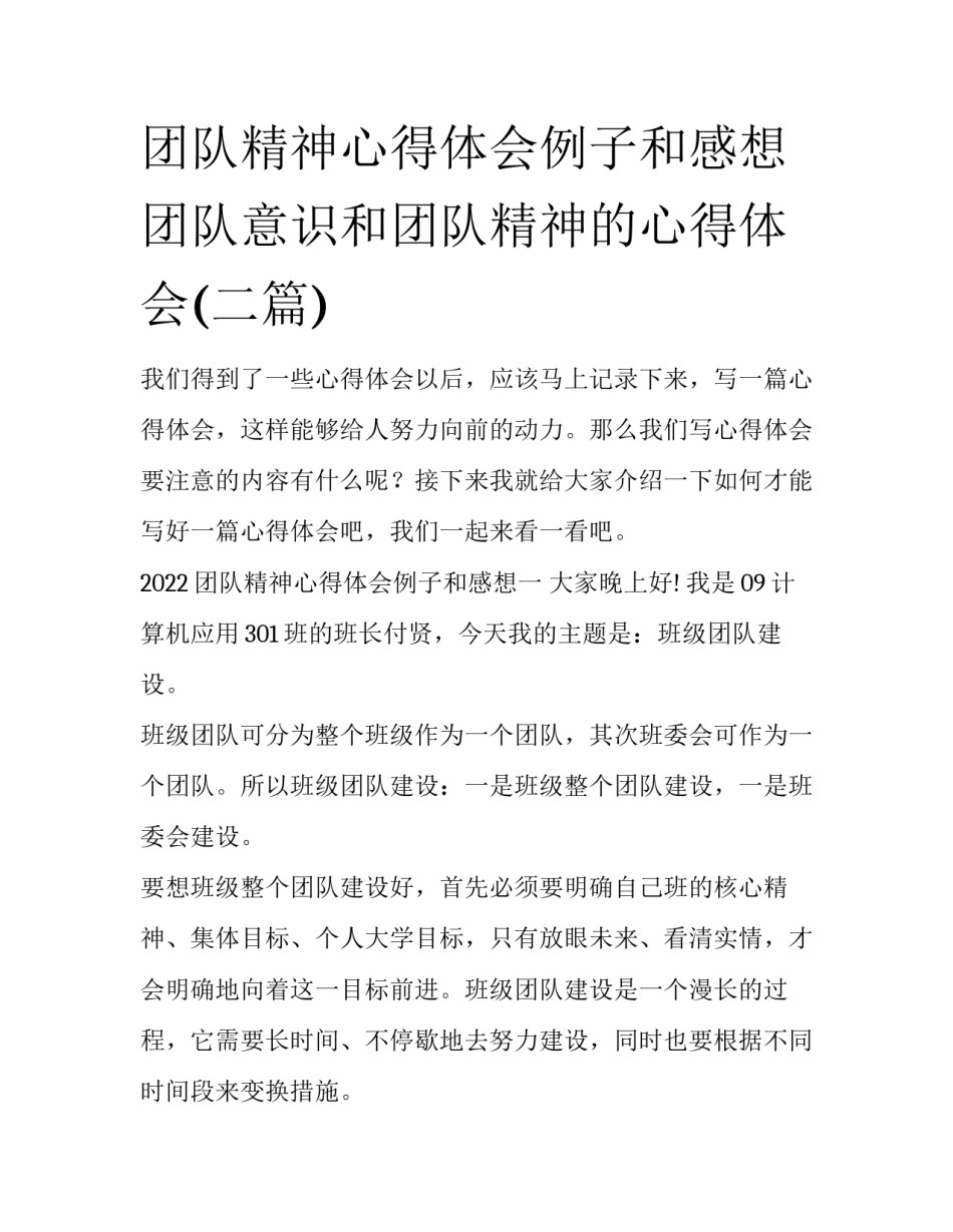 团队精神心得体会例子和感想 团队意识和团队精神的心得体会(二篇)_第1页