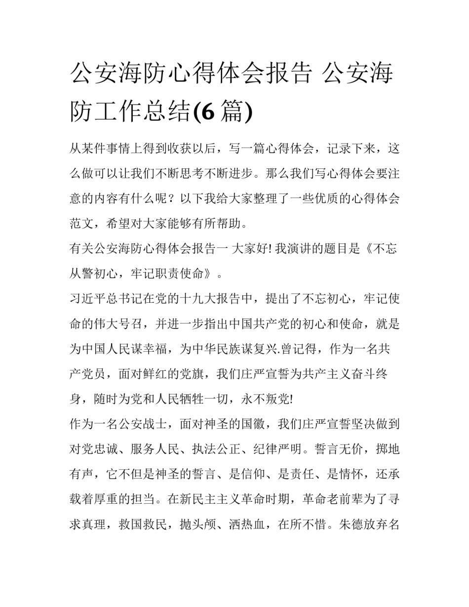公安海防心得体会报告 公安海防工作总结(6篇)_第1页