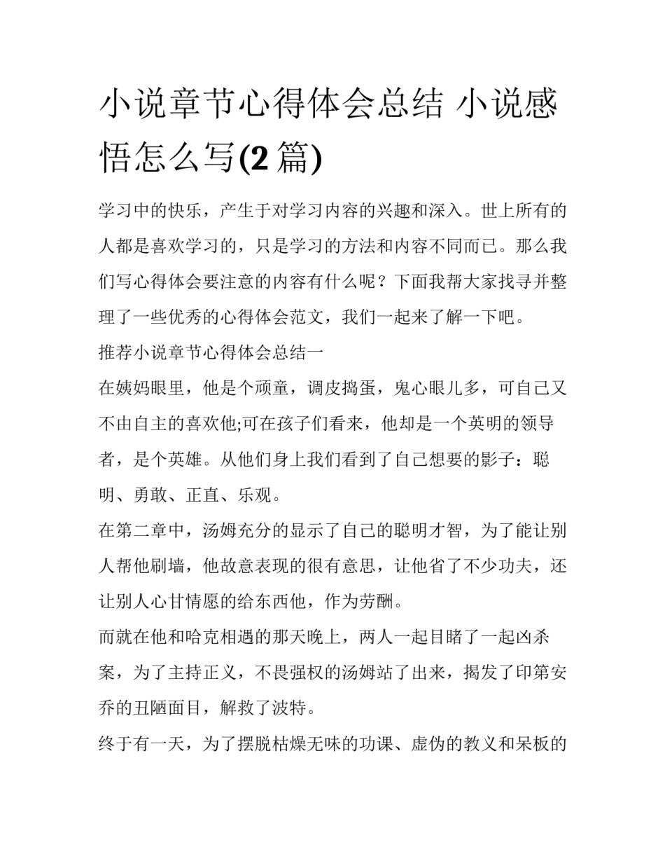 小说章节心得体会总结 小说感悟怎么写(2篇)_第1页