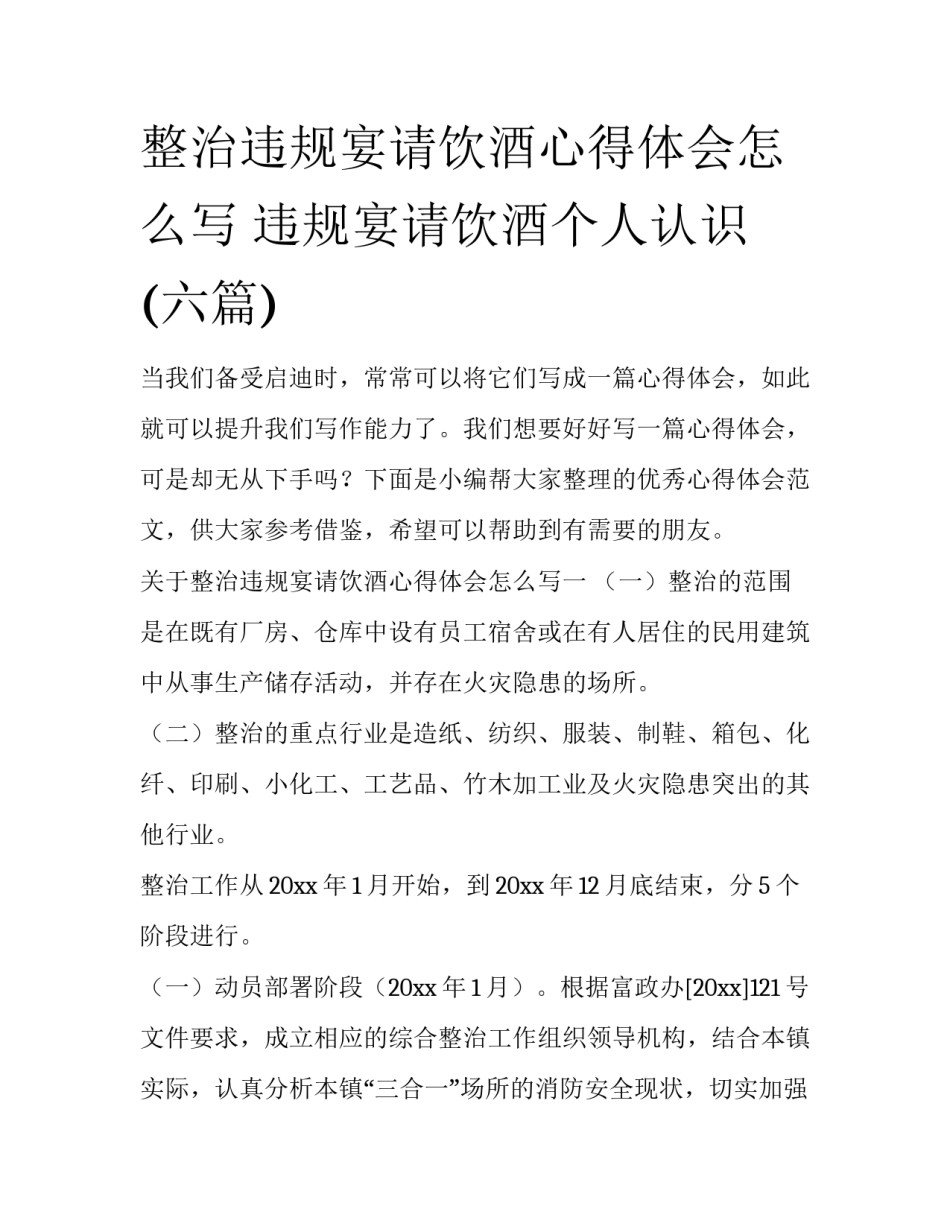整治违规宴请饮酒心得体会怎么写 违规宴请饮酒个人认识(六篇)_第1页