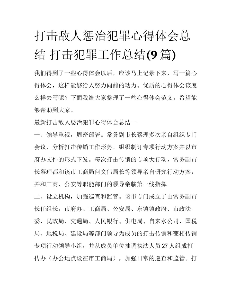 打击敌人惩治犯罪心得体会总结 打击犯罪工作总结(9篇)_第1页