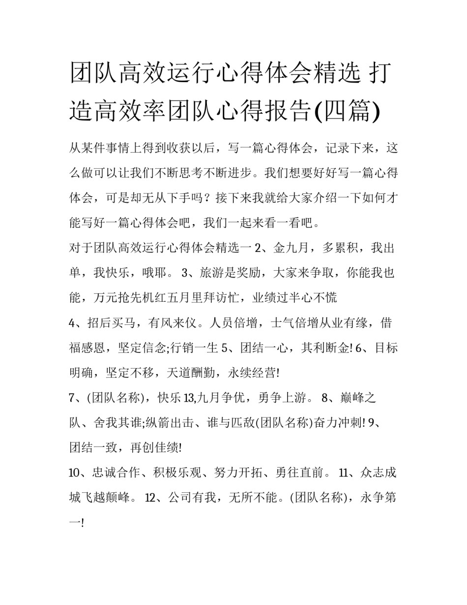 团队高效运行心得体会精选 打造高效率团队心得报告(四篇)_第1页