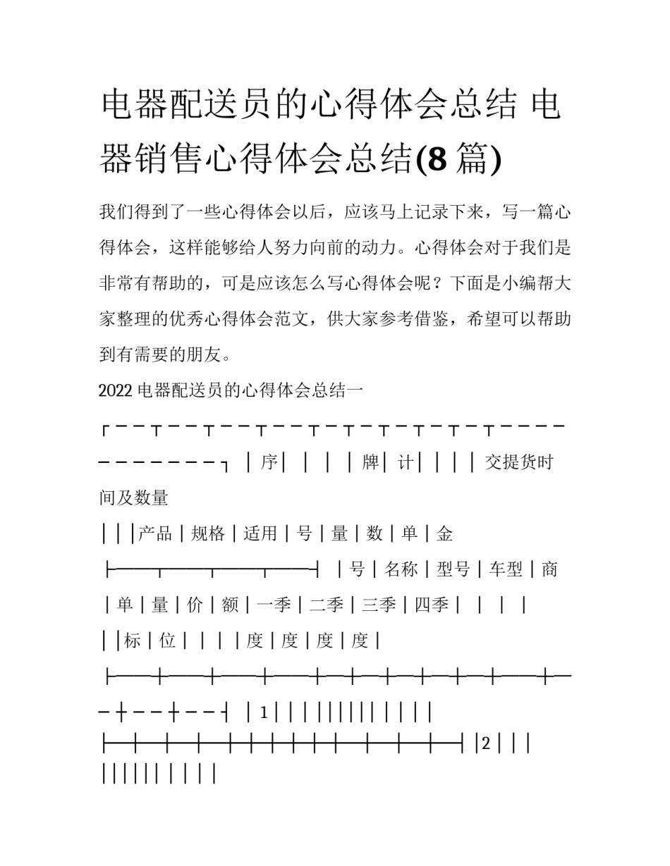 电器配送员的心得体会总结 电器销售心得体会总结(8篇)_第1页