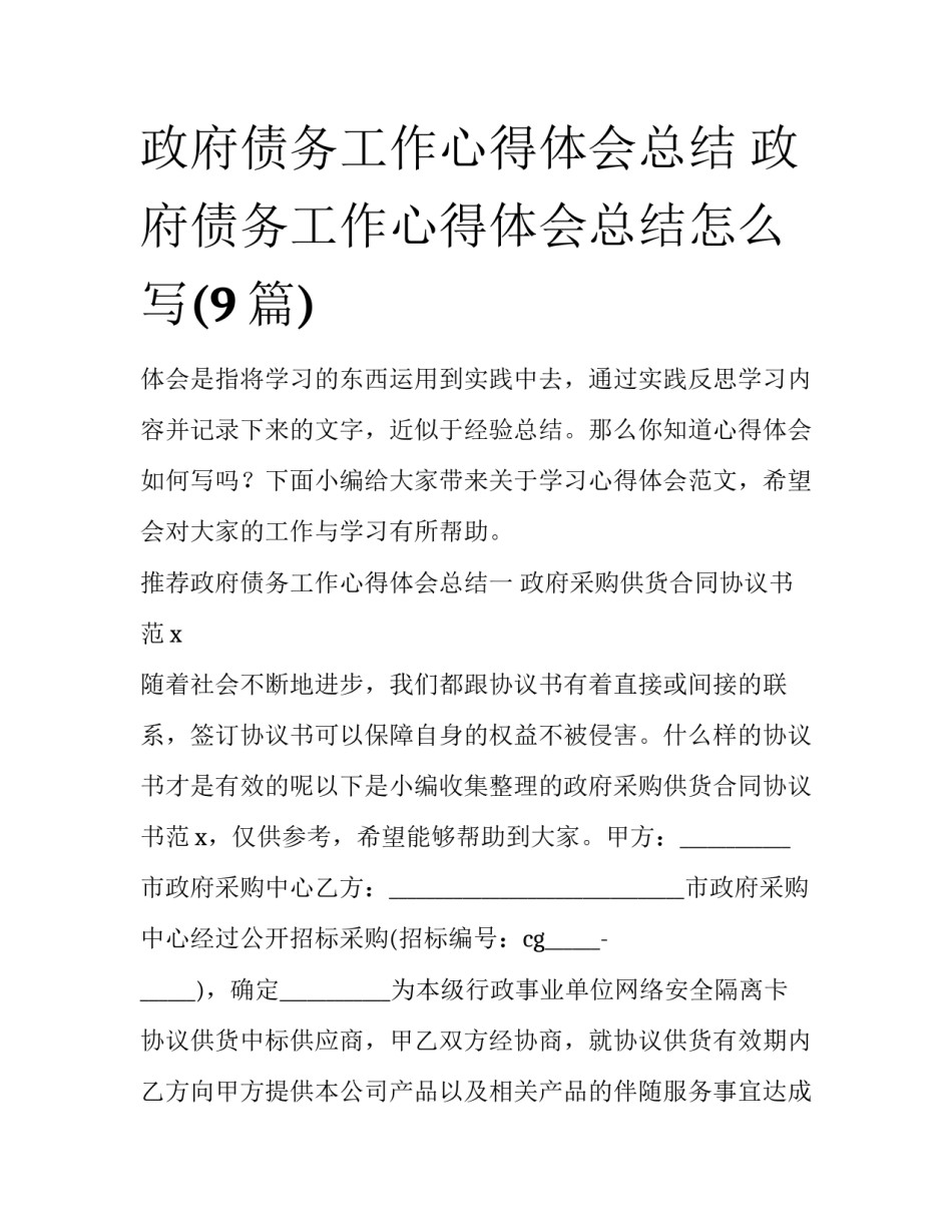 政府债务工作心得体会总结 政府债务工作心得体会总结怎么写(9篇)_第1页
