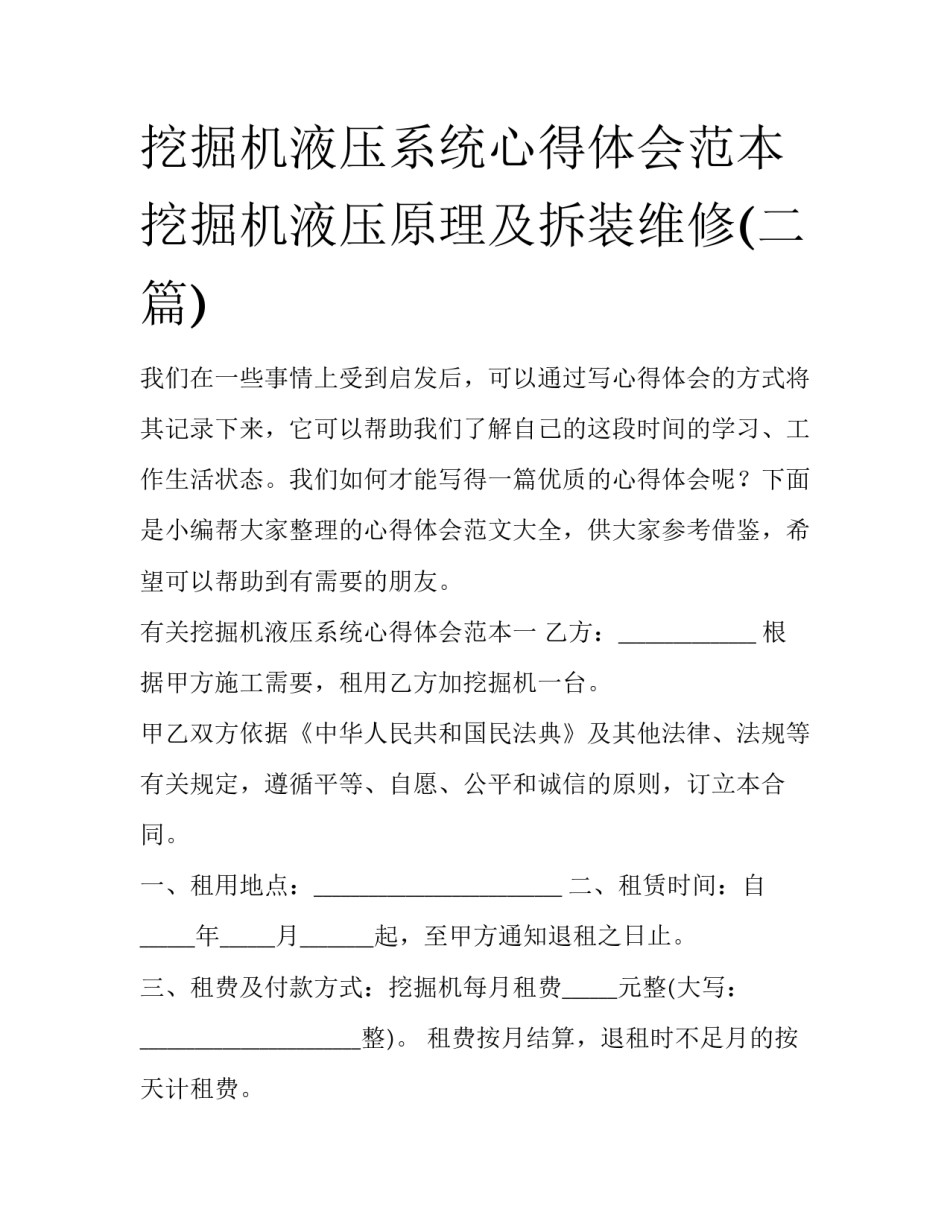 挖掘机液压系统心得体会范本 挖掘机液压原理及拆装维修(二篇)_第1页