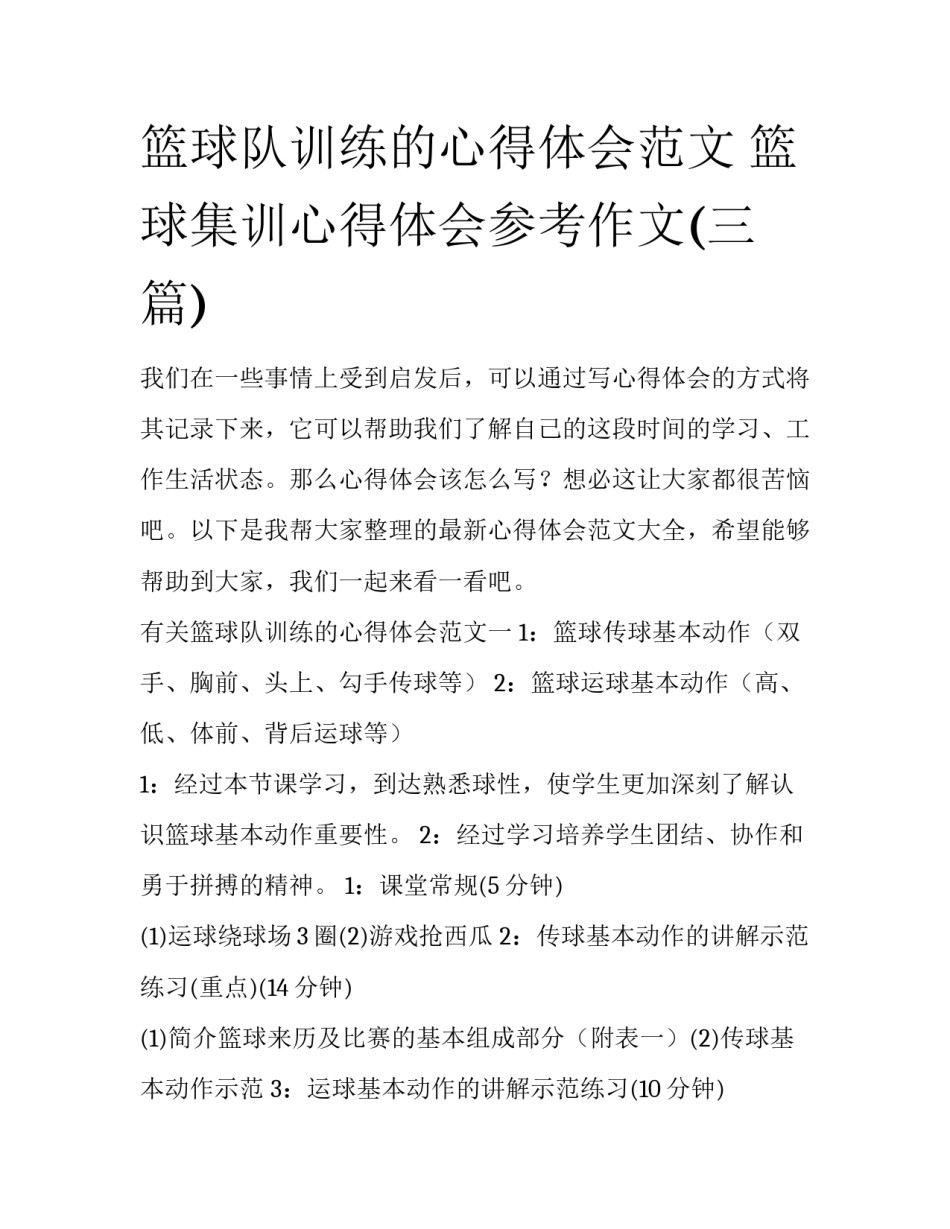 篮球队训练的心得体会范文 篮球集训心得体会参考作文(三篇)_第1页