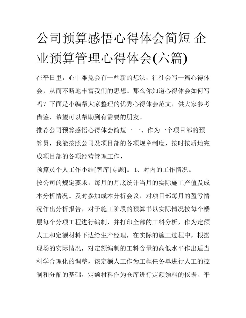 公司预算感悟心得体会简短 企业预算管理心得体会(六篇)_第1页
