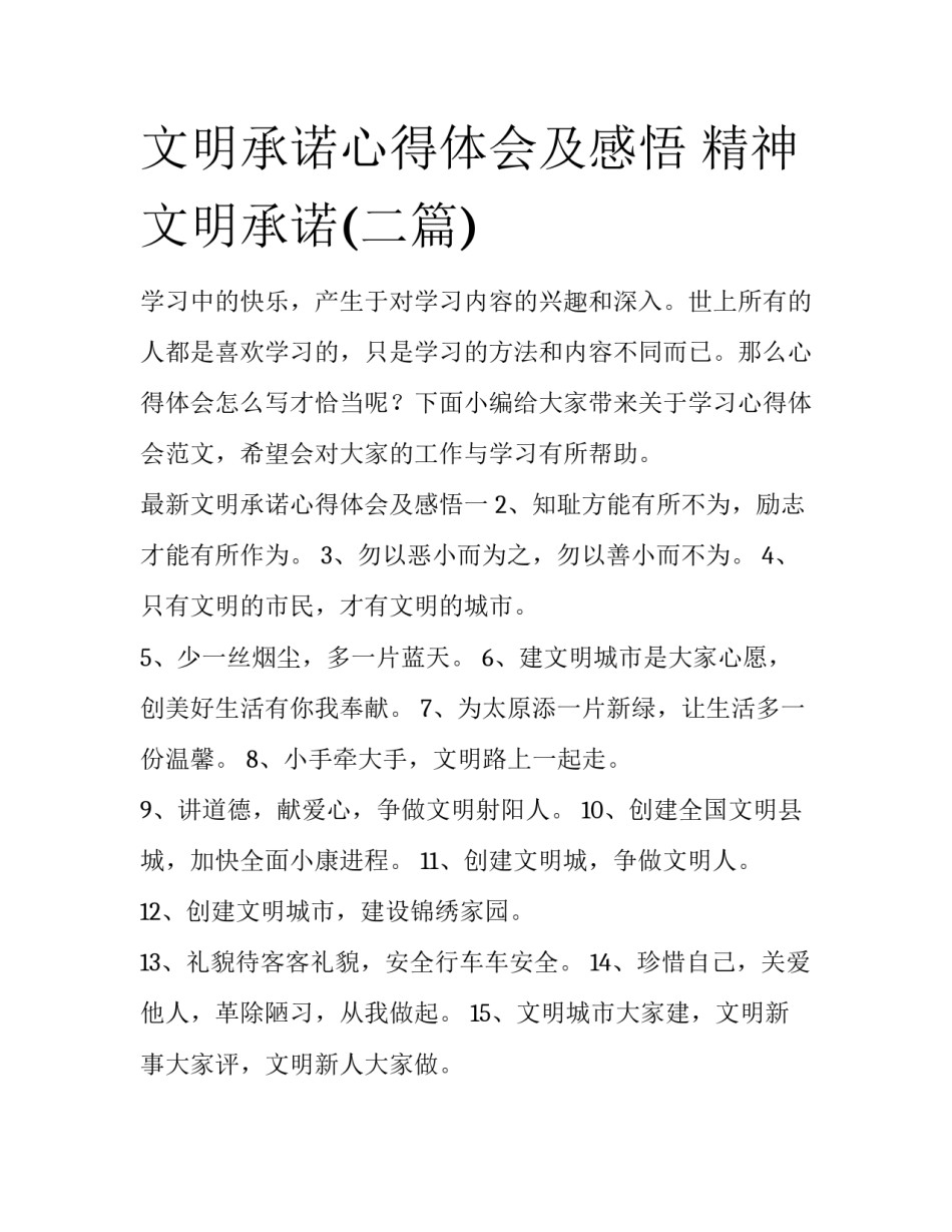 文明承诺心得体会及感悟 精神文明承诺(二篇)_第1页