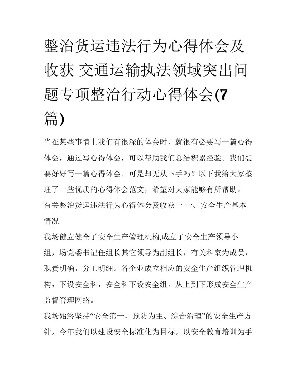 整治货运违法行为心得体会及收获 交通运输执法领域突出问题专项整治行动心得体会(7篇)_第1页