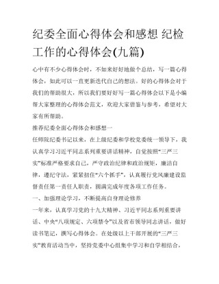 纪委全面心得体会和感想 纪检工作的心得体会(九篇)