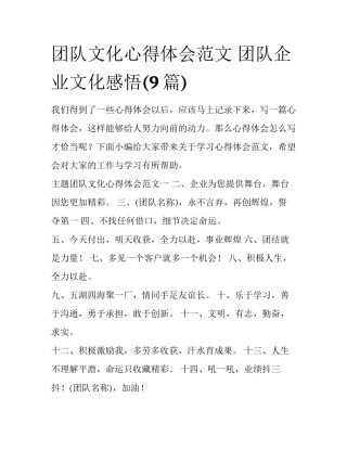 团队文化心得体会范文 团队企业文化感悟(9篇)