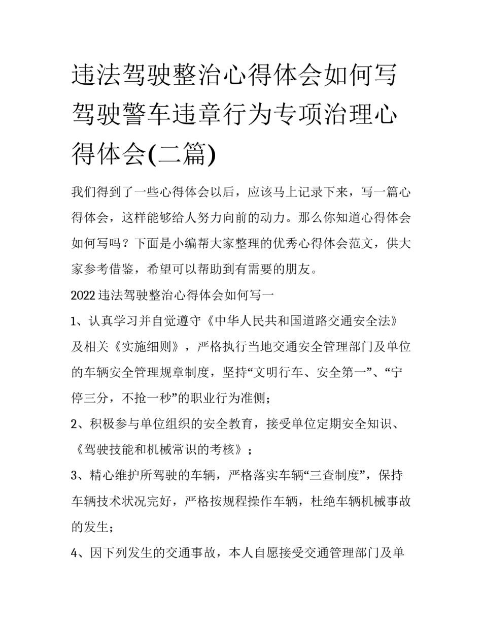 违法驾驶整治心得体会如何写 驾驶警车违章行为专项治理心得体会(二篇)_第1页