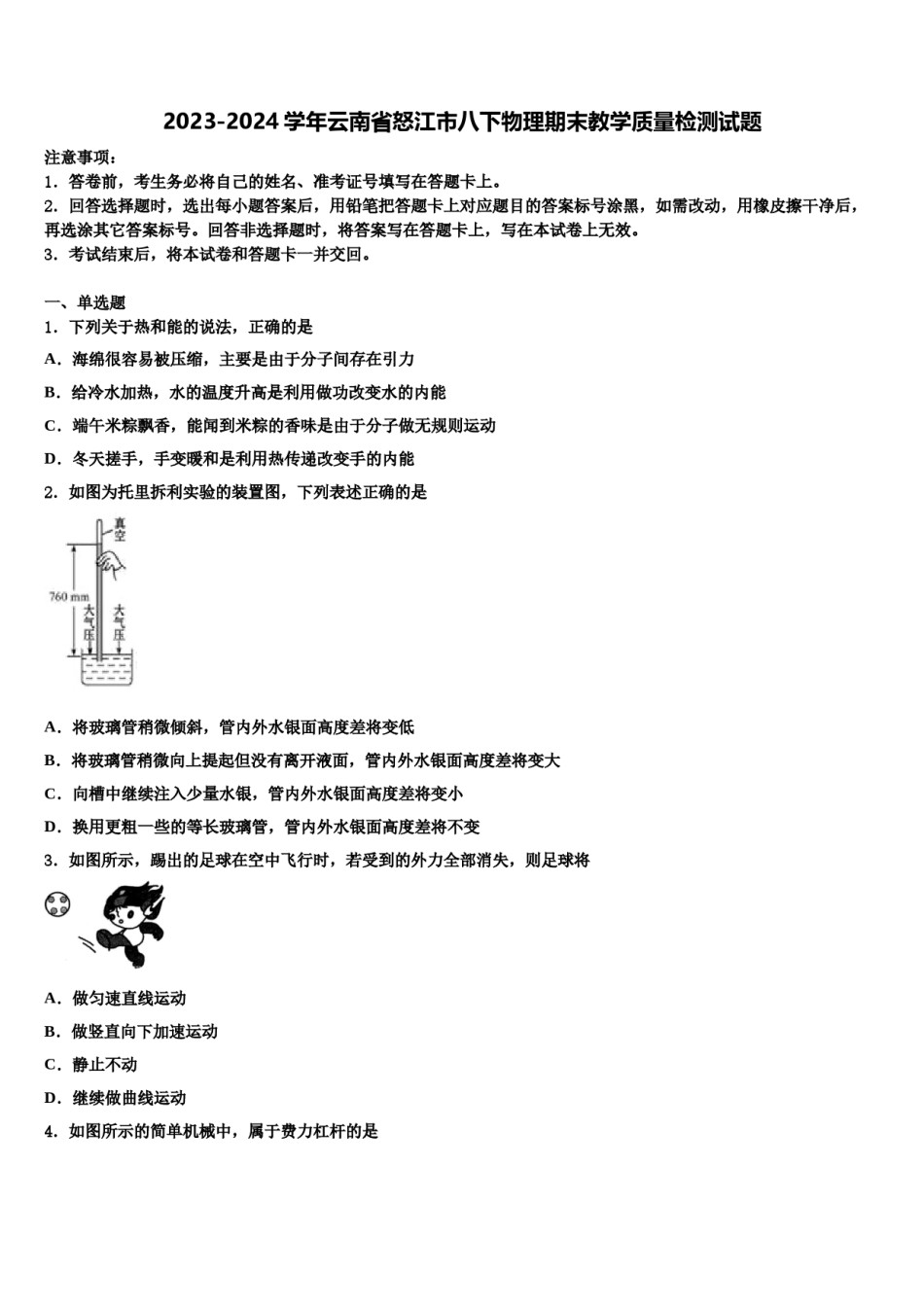 2023-2024学年云南省怒江市八下物理期末教学质量检测试题含解析.doc_第1页