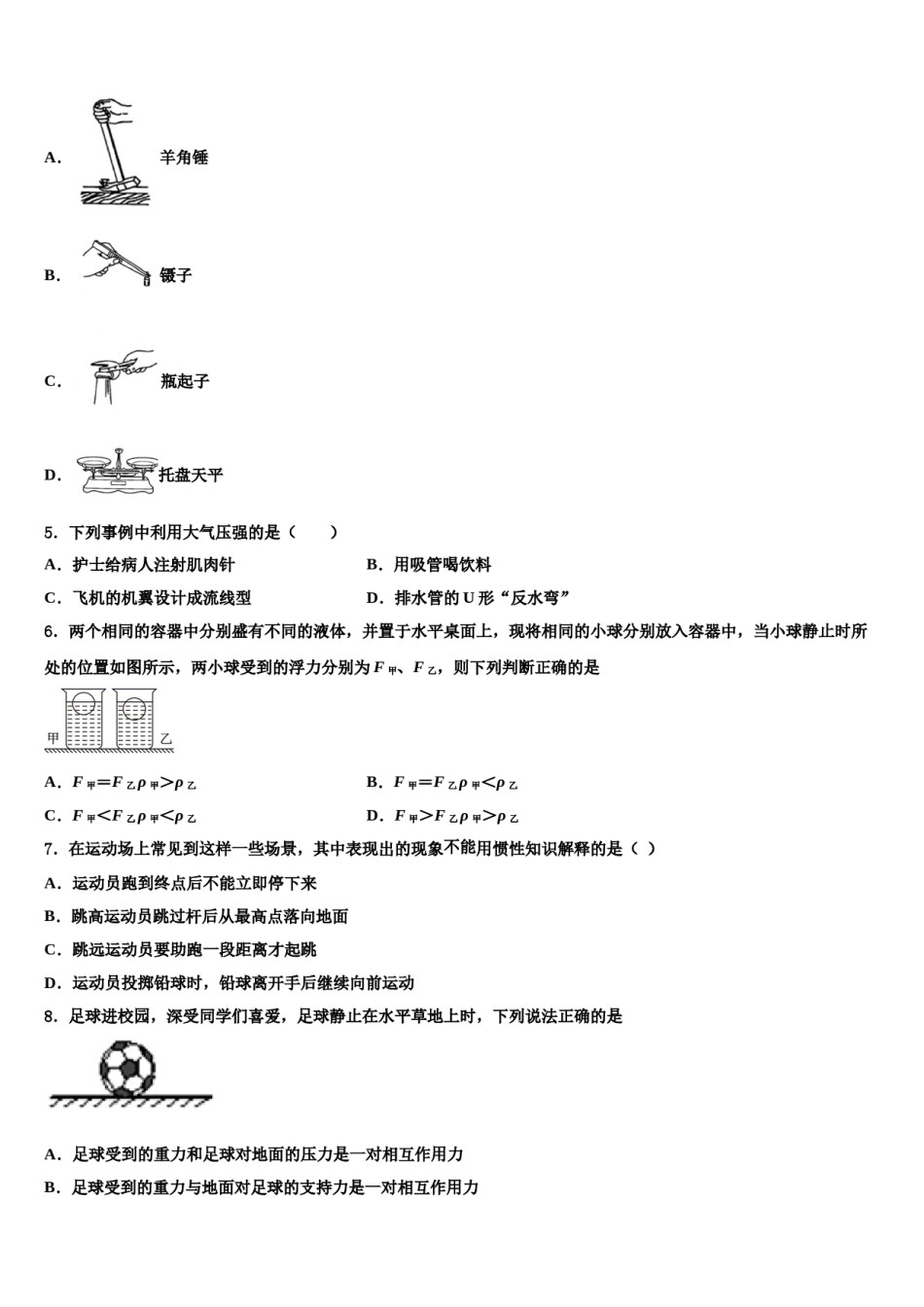 2023-2024学年云南省怒江市八下物理期末教学质量检测试题含解析.doc_第2页