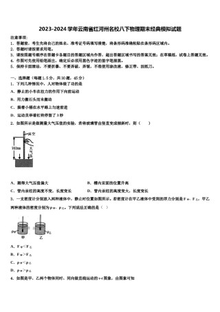 2023-2024学年云南省红河州名校八下物理期末经典模拟试题含解析.doc
