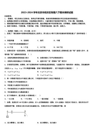2023-2024学年北京市延庆区物理八下期末调研试题含解析.doc