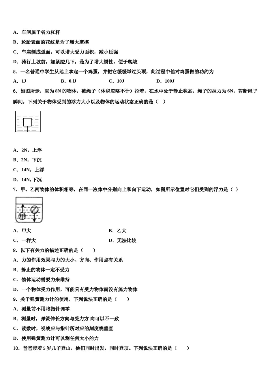 2023-2024学年吉林省长春市第104中学物理八下期末考试试题含解析.doc_第2页