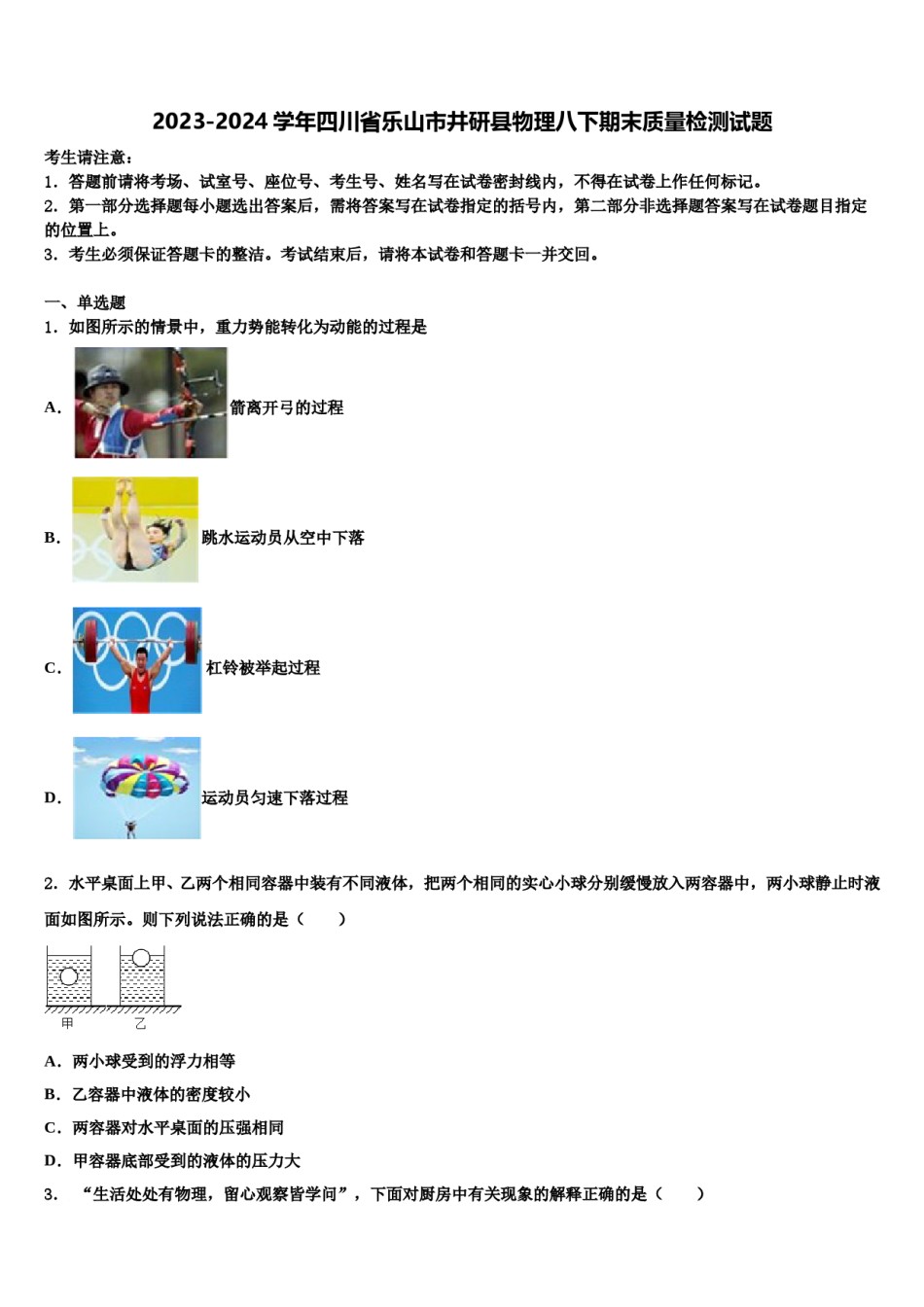 2023-2024学年四川省乐山市井研县物理八下期末质量检测试题含解析.doc_第1页