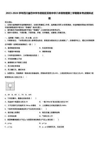 2023-2024学年四川省巴中学市恩阳区实验中学八年级物理第二学期期末考试模拟试题含解析.doc