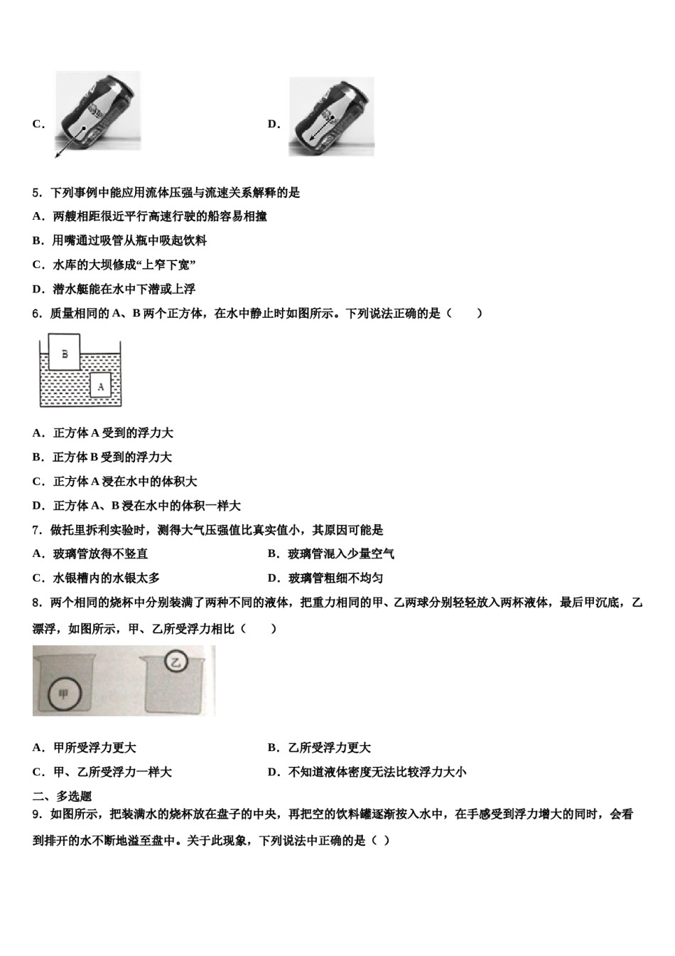 2023-2024学年四川省成都市大邑县物理八下期末考试模拟试题含解析.doc_第2页