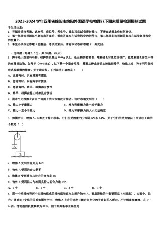 2023-2024学年四川省绵阳市绵阳外国语学校物理八下期末质量检测模拟试题含解析.doc