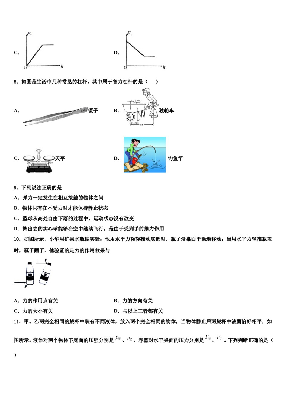2023-2024学年安徽省亳州一中学南学校国际部八下物理期末考试模拟试题含解析.doc_第3页